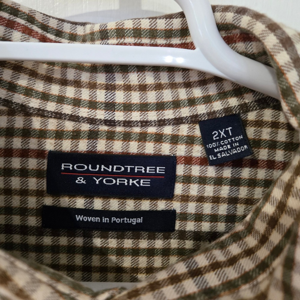 Roundtree & Yorke Button Down Mens 2XT Brown Plaid Excellent Long Sleeve Cotton - Picture 3 of 8
